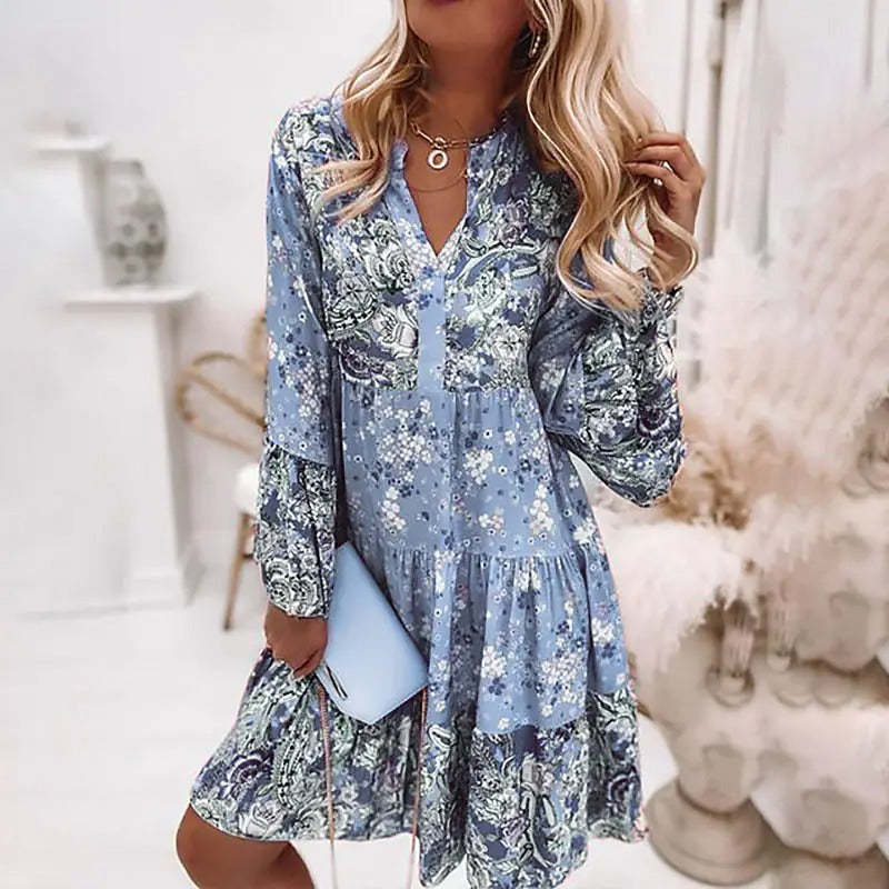 Women's Dress Long Sleeves Floral Gathered Ruffle Print V Neck Casual Boho Flare-xinru