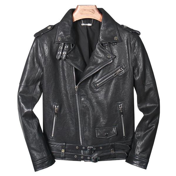 Men's Diagonal Zipper Leather Jacket-xinru shop