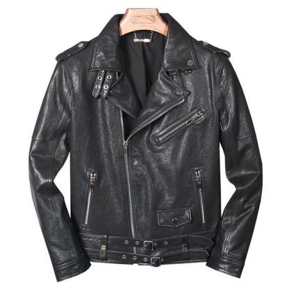 Men's Diagonal Zipper Leather Jacket-xinru shop