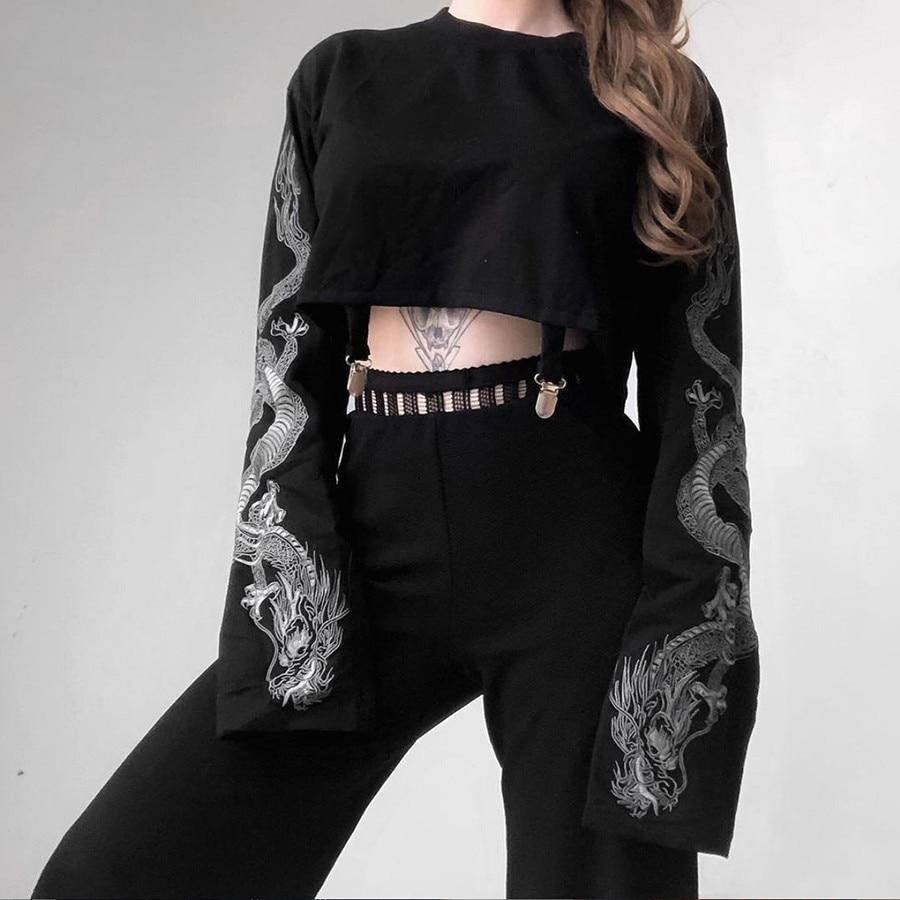 Women Midriff-baring Sweatershirt Dragon Print Sleeve Crop Tops With Chains-xinru