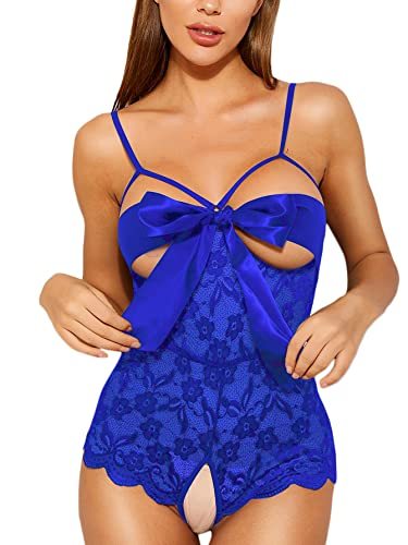 Romwe Women's Self Knot Front Teddy Lingerie One Piece Floral Lace Bodysuit Babydoll-xinru