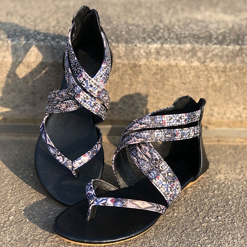 Women's Ethnic Floral Zipper Casual Flat Sandals 2022 Summer Clip Toe Retro Ladies Shoes-xinru