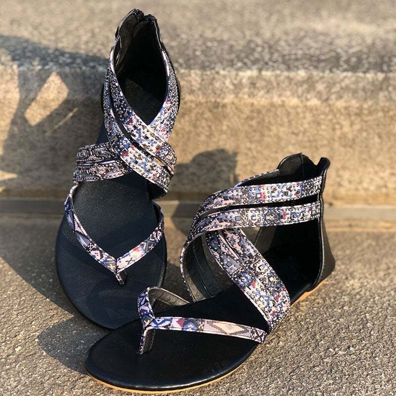 Women's Ethnic Floral Zipper Casual Flat Sandals 2022 Summer Clip Toe Retro Ladies Shoes-xinru