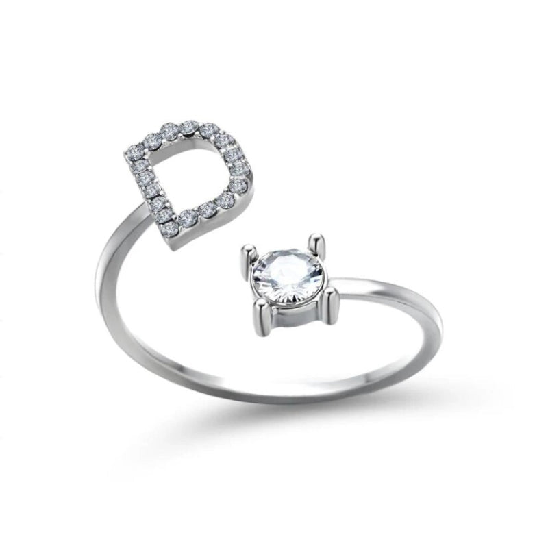 Golden Adjustable A-Z Personalized Initial Letter with Rhinestone Rings-xinru