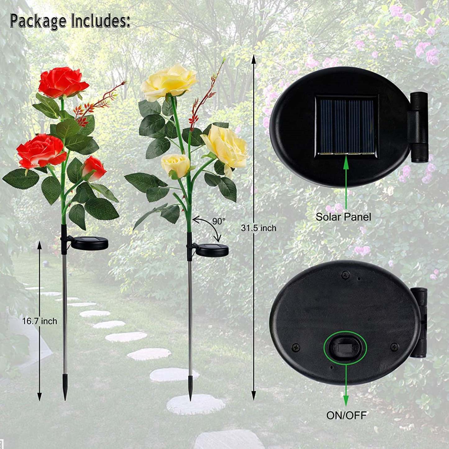 2 Packs Solar Rose Flower Stake Lights With 6 Rose Flowers-xinru