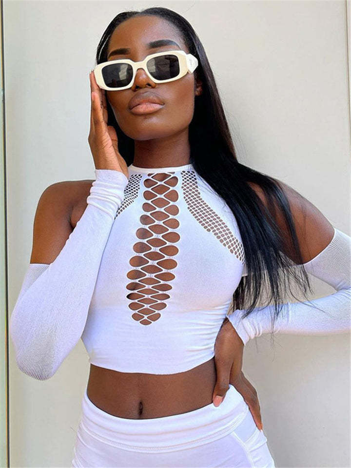 Women's Long Sleeve Solid Hollow Out Bandage Sexy Crop Tops-xinru