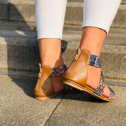 Women's Ethnic Floral Zipper Casual Flat Sandals 2022 Summer Clip Toe Retro Ladies Shoes-xinru