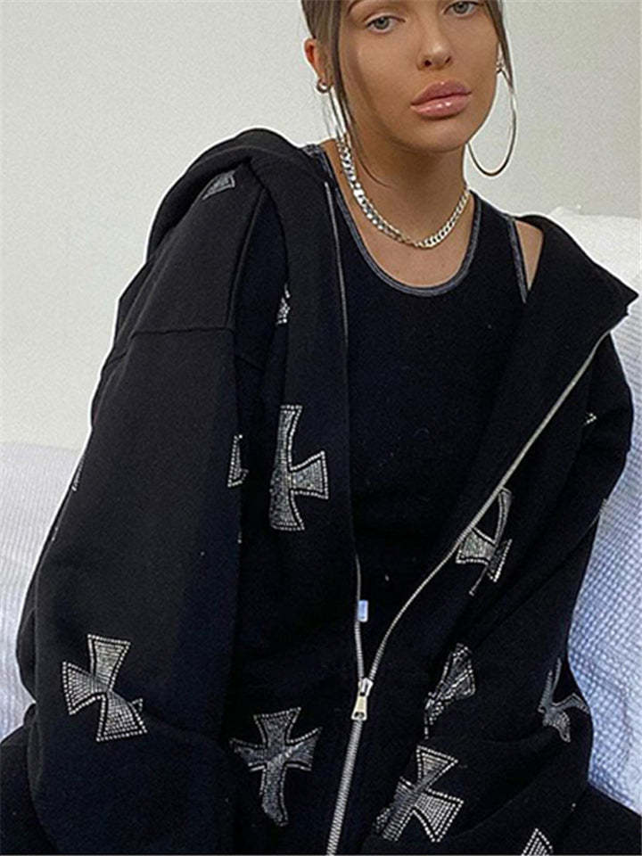 Black Gothic Cross Oversized Hoodie Rock Punk Zip Up Loose Rhinestone Jacket-xinru