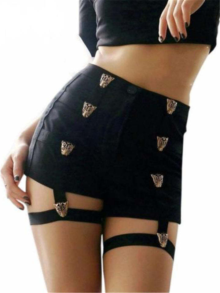 Women Punk Sexy High Waist Shorts With Decorated Metal Leopard-xinru