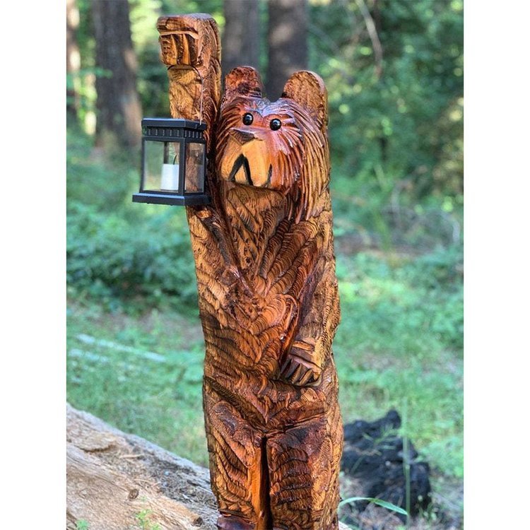 Cedar Carved Bear Chainsaw Carving with Solar Lantern-xinru