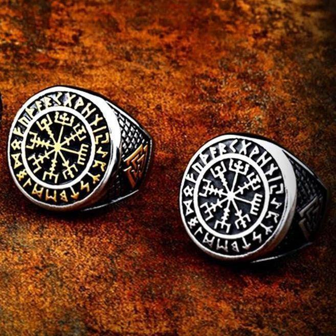 Mens Gold Viking Vegvisir Compass Signet Rune Ring Stainless Steel-xinru