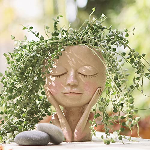 Face Flower Pot Head Planter Pot Succulent Planter Cute Resin Cactus Planter With Drainage Hole Closed Eyes-xinru shop