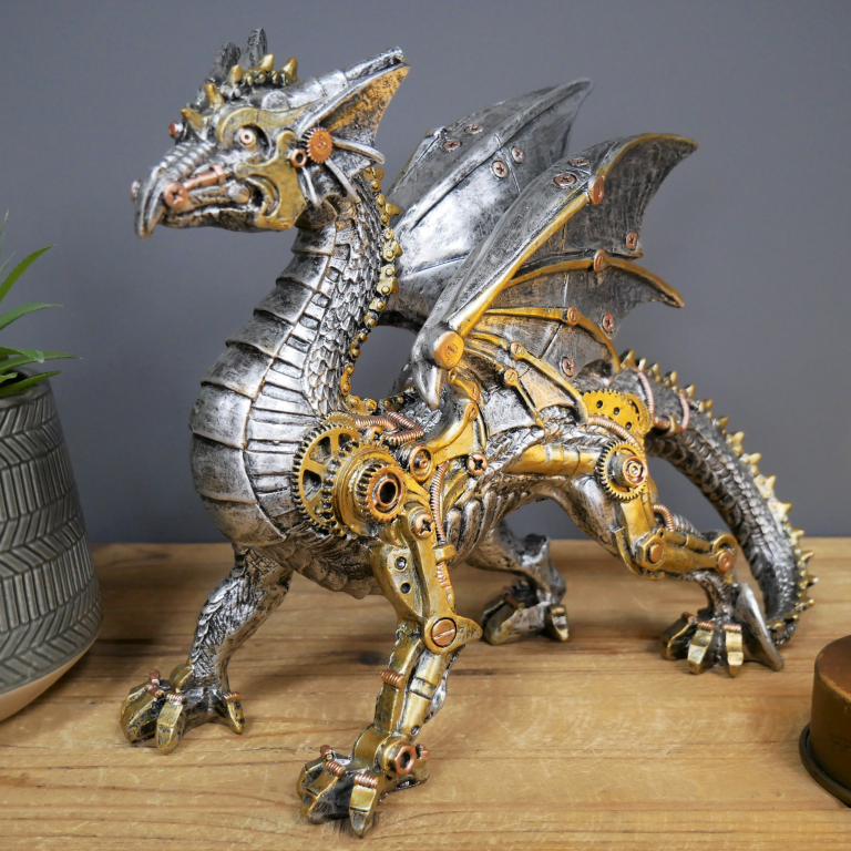 Metallic Silver and Gold Gothic Steampunk Dragon Statue-xinru
