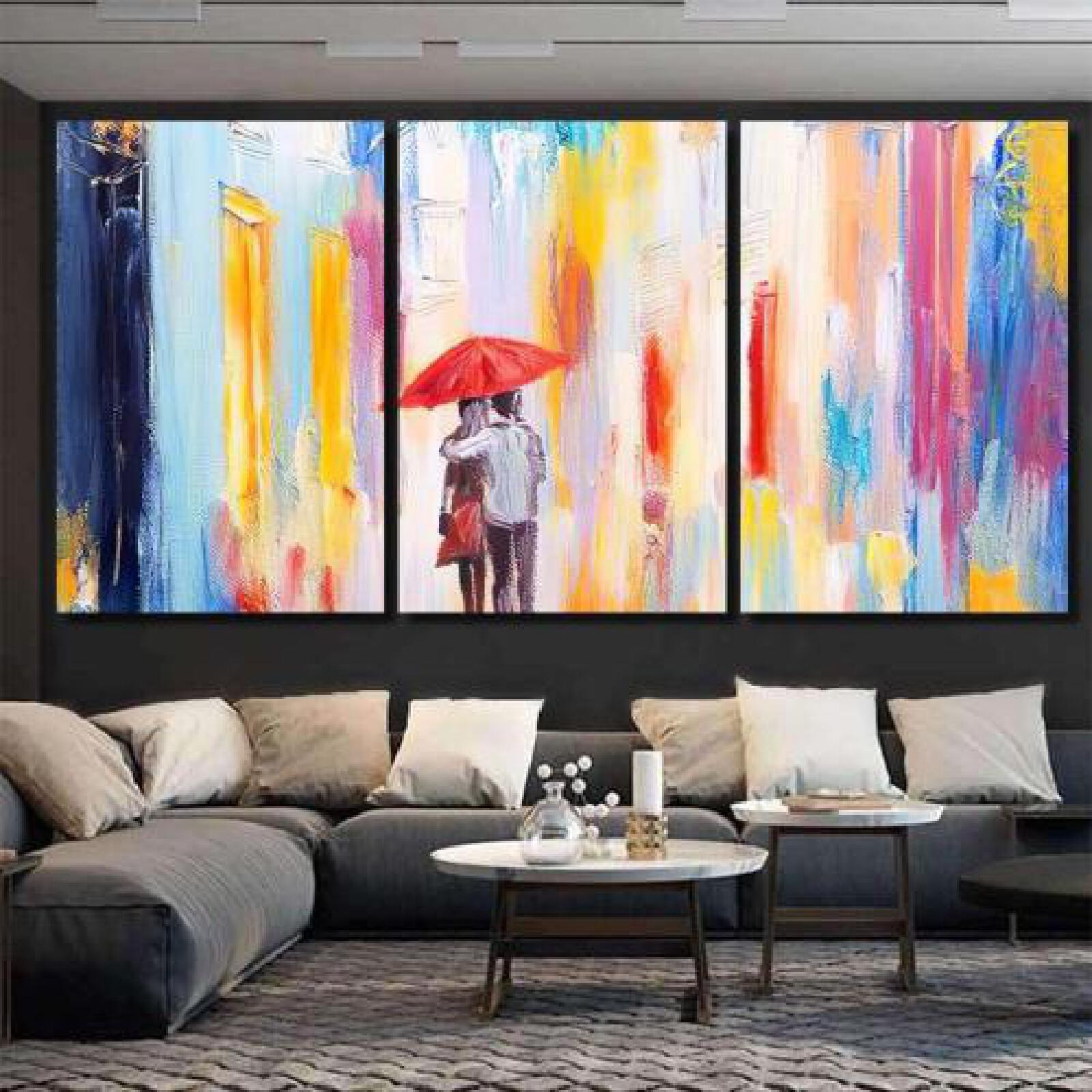 Couple Walking Rain Under Umbrella Abstract-xinru shop