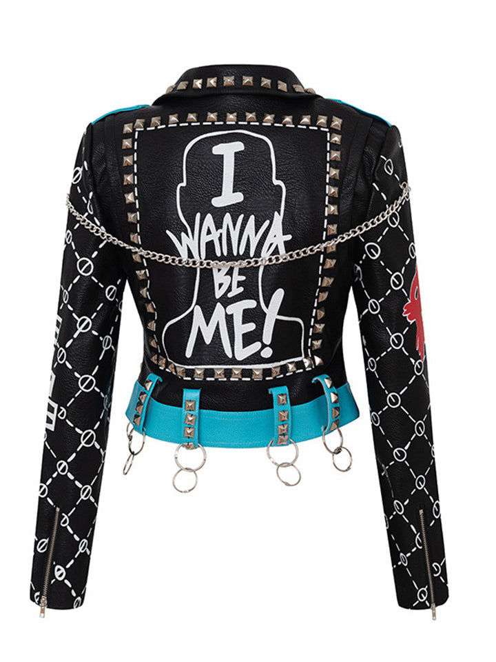 Cool Wanna Be Me Graffiti Cropped Leather Locomotive Jacket-xinru