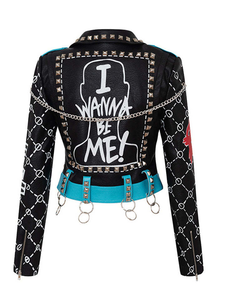 Cool Wanna Be Me Graffiti Cropped Leather Locomotive Jacket-xinru