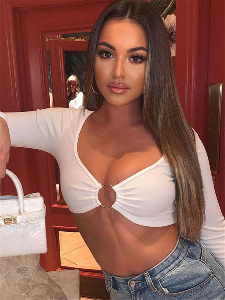 Women Long Sleeve Crop Tops Solid Color V-neck Hollow Out Ring Tops-xinru