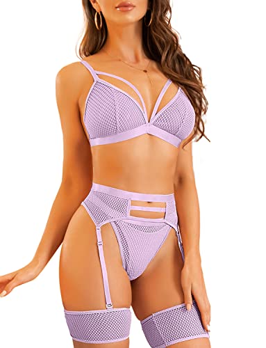 Women's 4 Pieces Exotic Lingerie Set Strappy Fishnet Lingerie Lace Bra and Panty Sets High Waisted Mesh Underwear-xinru shop