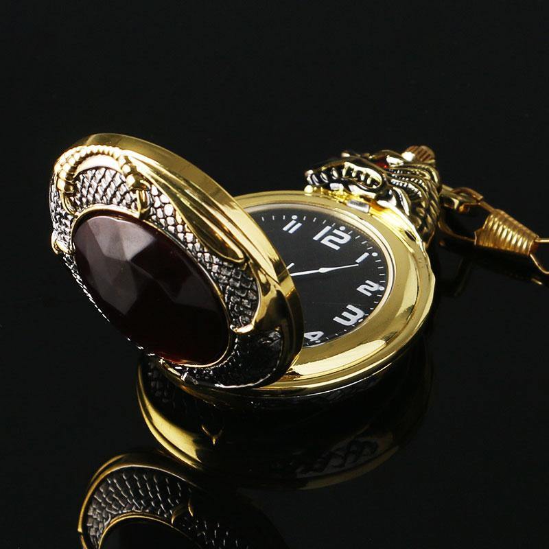 Red Garnet Inset Gold Tone Cover Pocket Watch Luxury Evil Dragon Quartz Clock-xinru