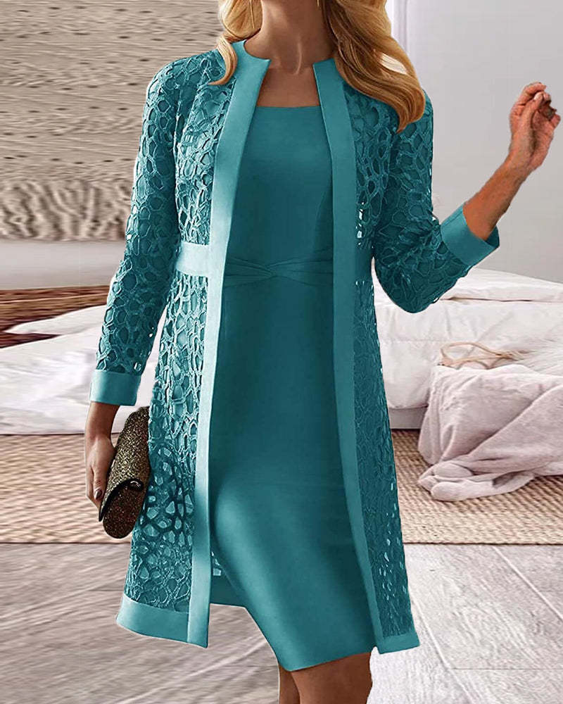 Women's Solid Color Casual Lace Cardigan Dress Two Piece Sets-xinru