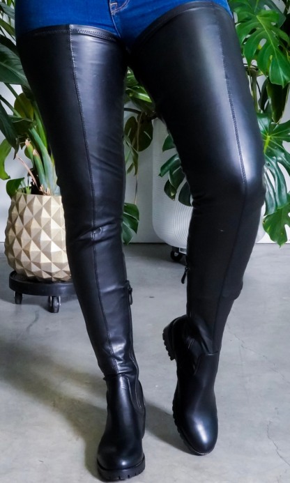 Long Black Leather Boots Thigh High Flat Stretch Boot-xinru
