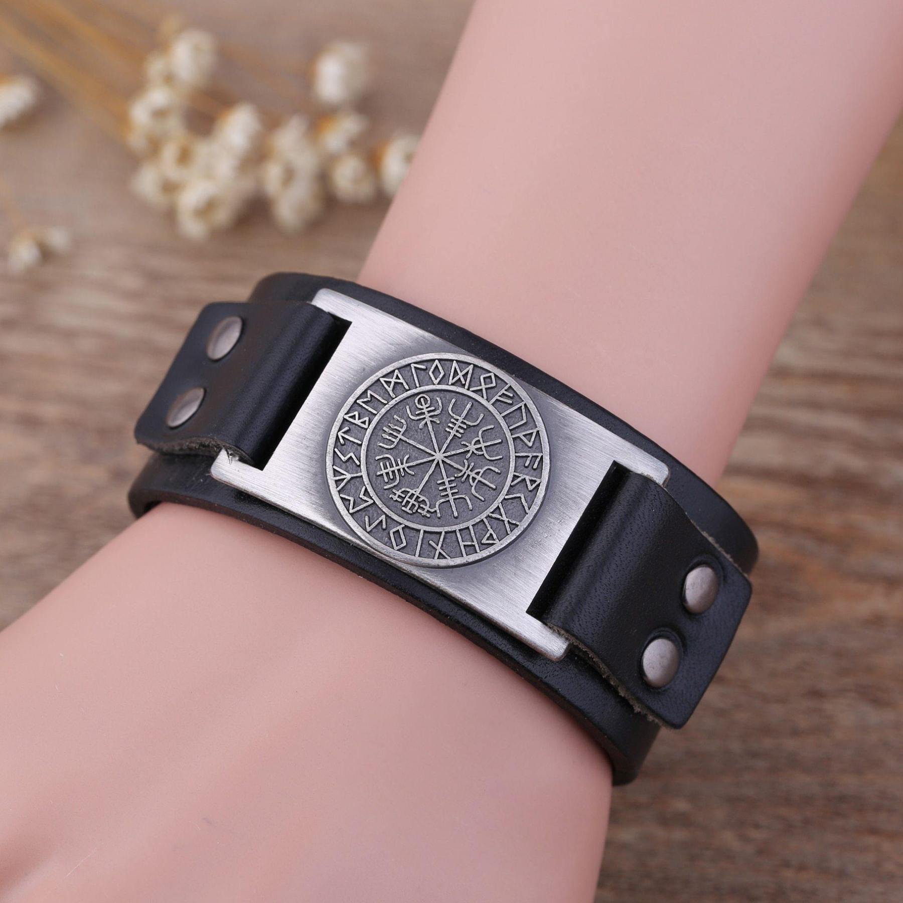 Viking Compass Leather Bracelet Vegvisir Wristband-xinru