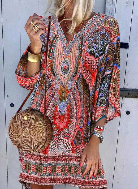 Boho V-Neck Long Sleeve Printed Casual Dress-xinru