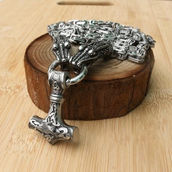 Stainless steel wolf head black king chain with black mjolnir-xinru