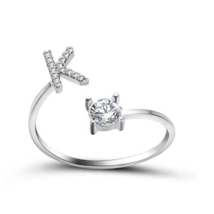 Golden Adjustable A-Z Personalized Initial Letter with Rhinestone Rings-xinru
