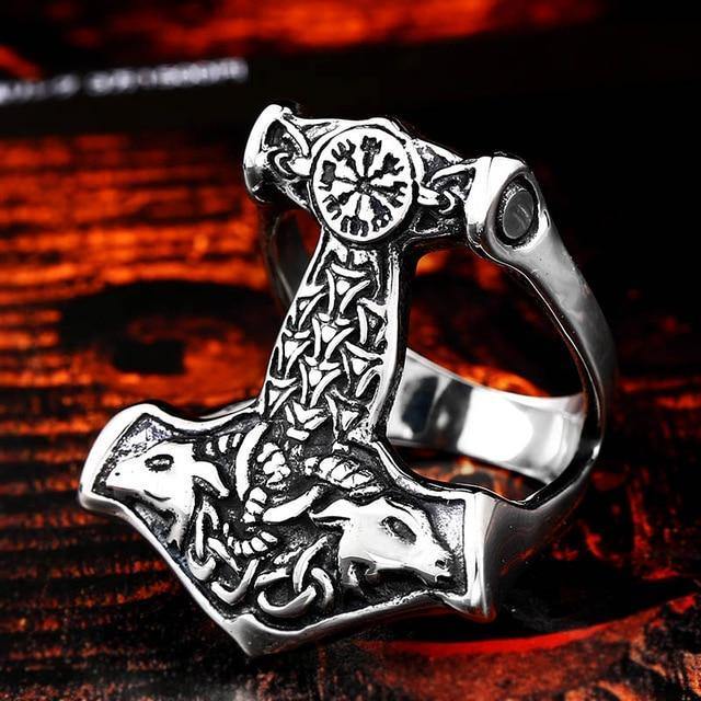 Vintage Thor Hammer Ring Nordic Myth Vegvisir Anchor Ring-xinru