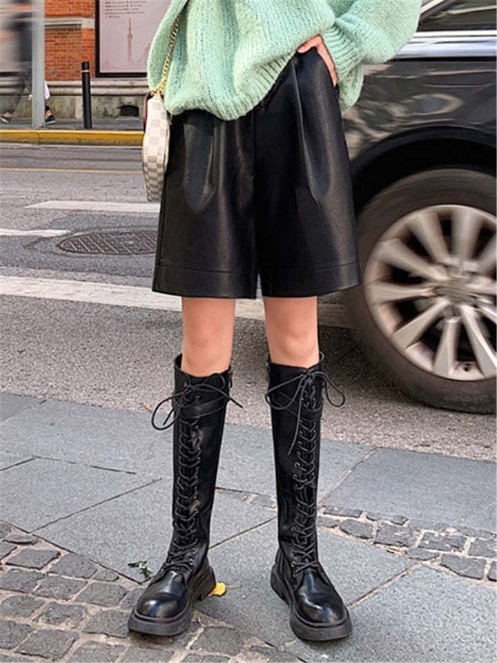 Fashion PU Leather Shorts Women's Plus Size Streetwear-xinru