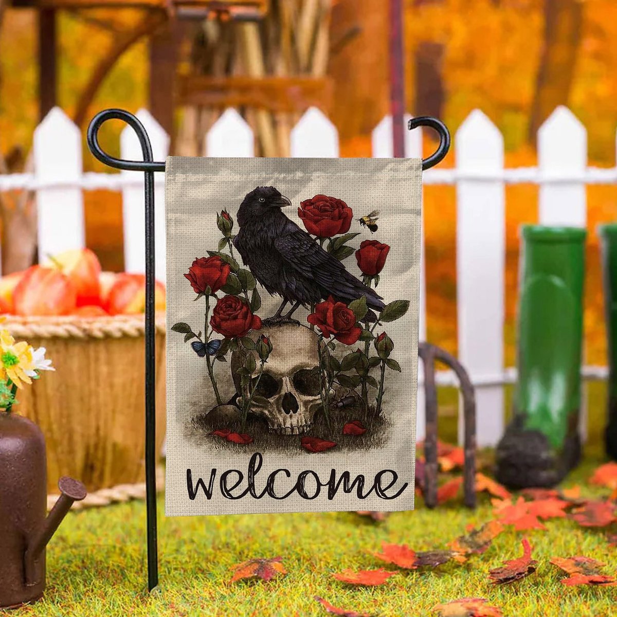 Raven Skull Rose Welcome Halloween White Halloween Gifts Garden House Flag-xinru shop