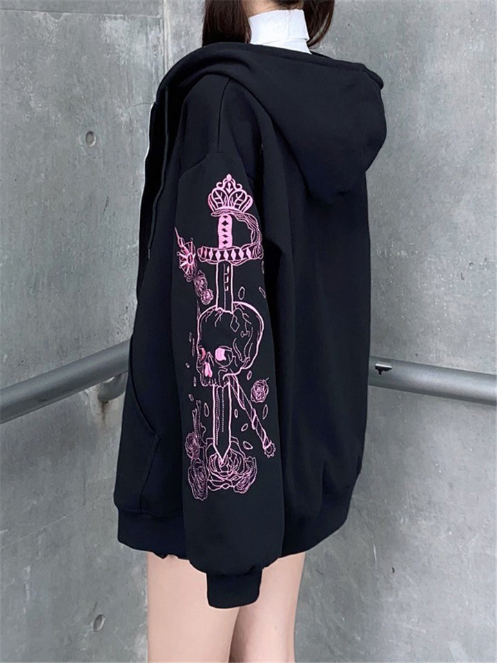 Women Loose Harajuku Gothic Zip Print Vintage Black Hoodie Streetwear-xinru