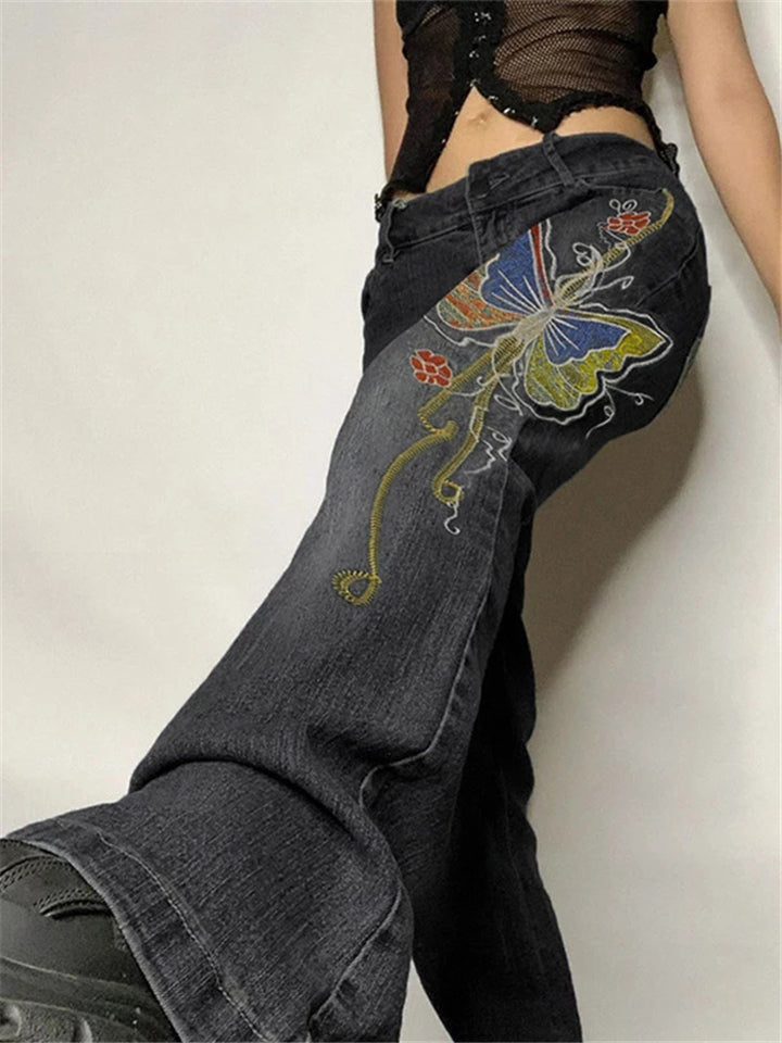 Women Low Waisted Retro Butterfly Print Denim Jeans-xinru