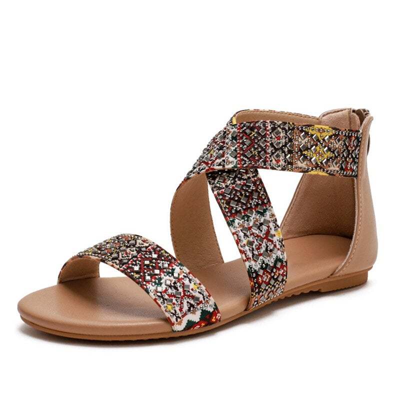 Women's Ethnic Floral Zipper Casual Flat Sandals 2022 Summer Clip Toe Retro Ladies Shoes-xinru