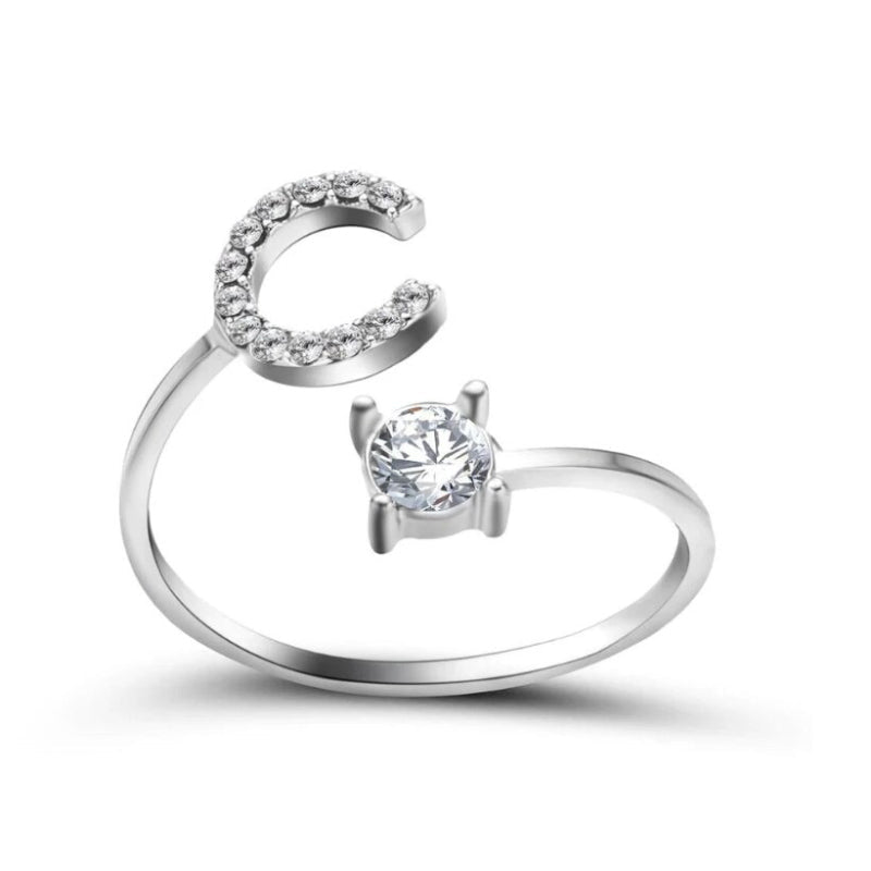 Golden Adjustable A-Z Personalized Initial Letter with Rhinestone Rings-xinru