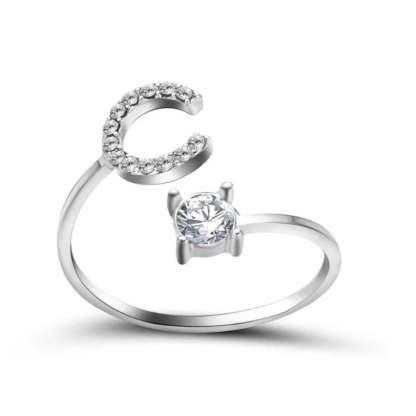 Golden Adjustable A-Z Personalized Initial Letter with Rhinestone Rings-xinru