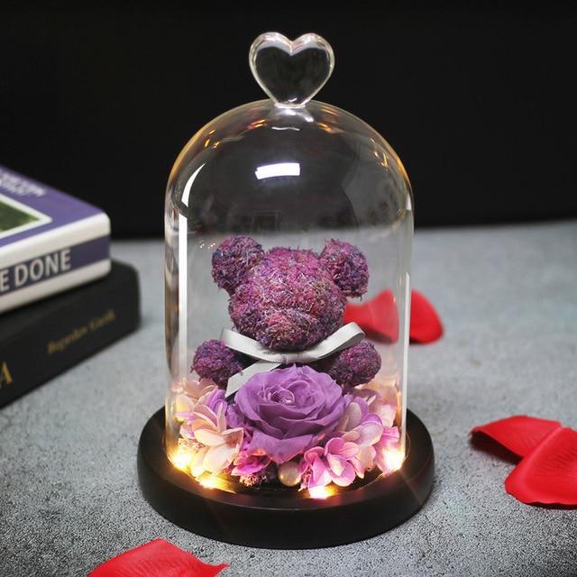 Immortal Preserved Rose Teddy Bear Glass LED Display-xinru