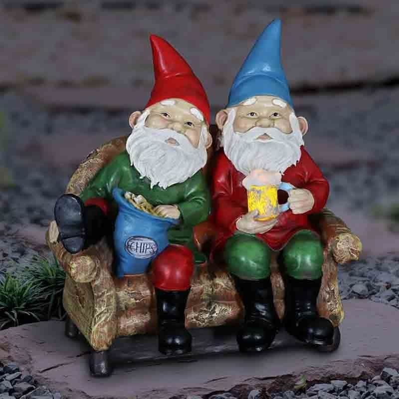 Lazy Couch Potato Gnomes Eating Chips and Drinking Beer Garden Statue-xinru