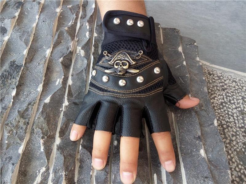 Teampunk Pirate Gloves PU Leather Gothic  Unisex Skull Rivet Gloves-xinru