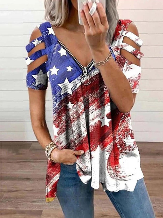 Women Independence Day Clothing Retro Flag Short Sleeve T-Shirt-xinru