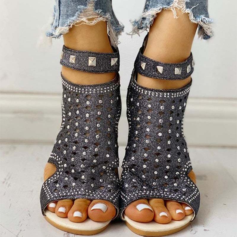 Women Sandals Ladies Wedges Sandals Crystal Fish Mouth Hollow Shoes-xinru