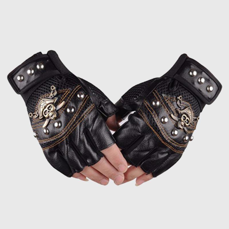 Teampunk Pirate Gloves PU Leather Gothic  Unisex Skull Rivet Gloves-xinru