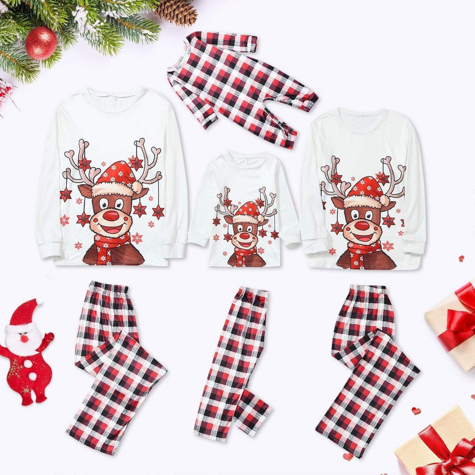 Plus Size Christmas Deer Cartoon Print Plaid Matching Pajamas Set for Family LongSleeve-xinru shop