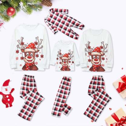Plus Size Christmas Deer Cartoon Print Plaid Matching Pajamas Set for Family LongSleeve-xinru shop