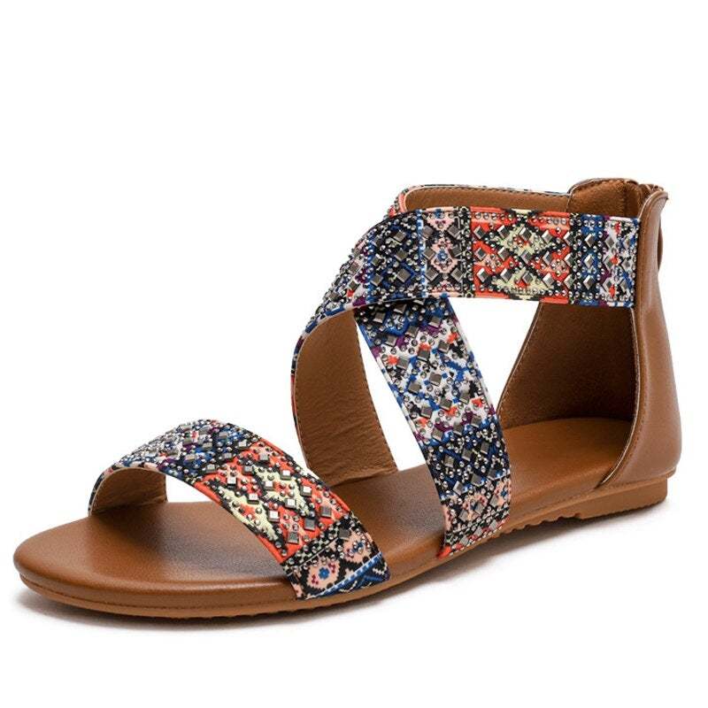 Women's Ethnic Floral Zipper Casual Flat Sandals 2022 Summer Clip Toe Retro Ladies Shoes-xinru