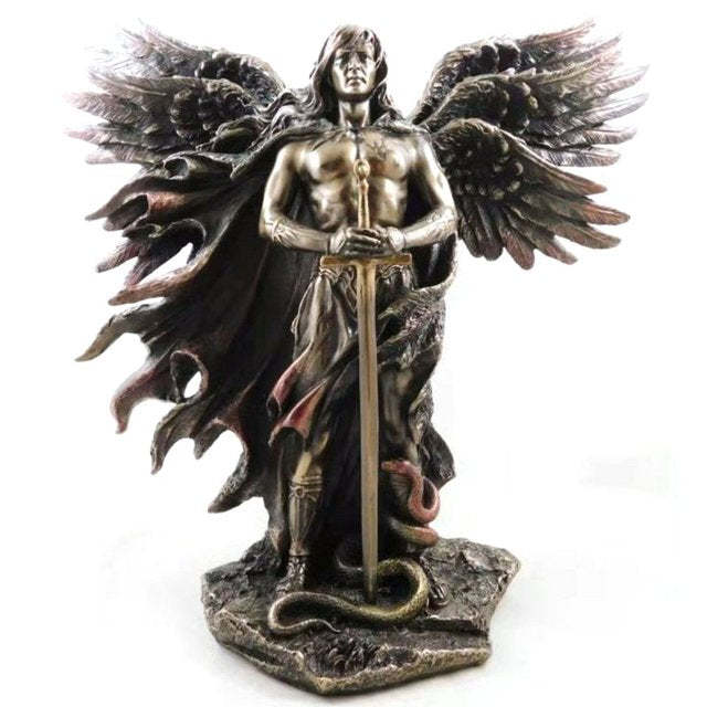 Bronze Six Wing Guardian Angel With Sword Snake Big Wings Statue Home Decor-xinru