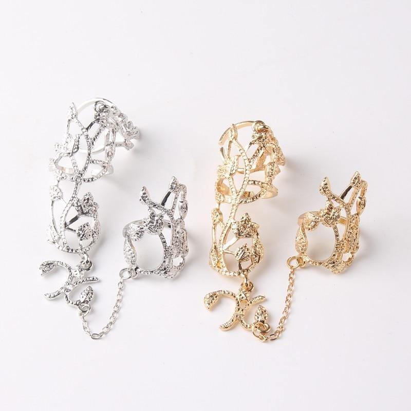 Crystal Flower Rhinestone Double Finger Rings-xinru