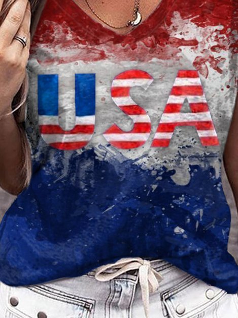 Women Independence Day Clothing Letter Contrast Print T-Shirt-xinru