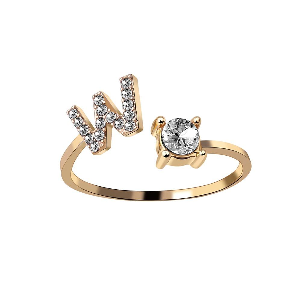 Golden Adjustable A-Z Personalized Initial Letter with Rhinestone Rings-xinru